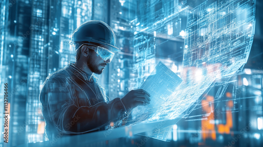 Poster engineer analyzes digital blueprints in a futuristic urban environment during a project