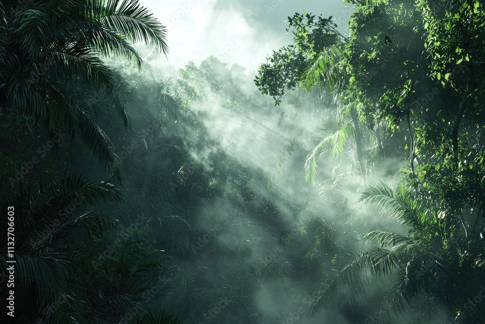 Poster enigmatic mist shrouded forest landscape with dense evergreen trees and ethereal fog creating a myst