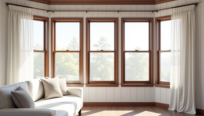 Fototapeta premium Bright and welcoming bay window area in a cozy living room
