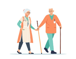Elderly people support. Vector illustration of senior woman with walking stick and a young male nurse helping her. Isolated on white.