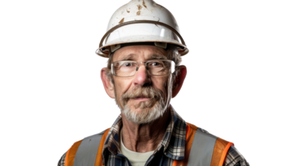 American senior male Employee IT specialist sit at work with laptop on white background
