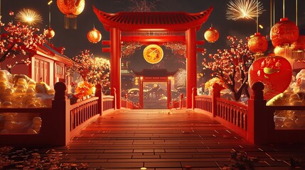 Obraz premium A red bridge archway with traditional Chinese architecture, featuring fireworks and golden ingots in the background