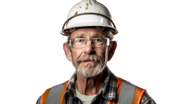 American senior male Employee IT specialist sit at work with laptop on white background