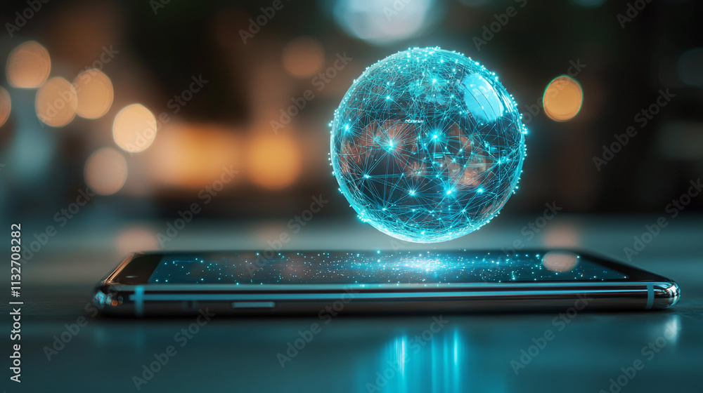 Poster digital globe hovering above smartphone screen in a modern setting
