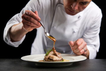 Chef emplatando un plato de comida de alta cocina. Generado con IA