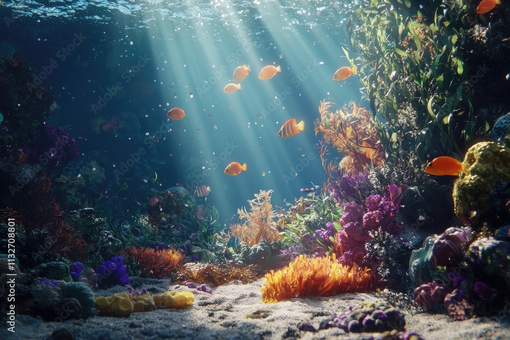 Poster underwater scene with sunlight rays filtering through ocean water creating a serene and tranquil atm