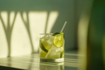 Fototapeta premium A glass of Brazilian caipirinha with crushed ice, lime wedges, and a straw.