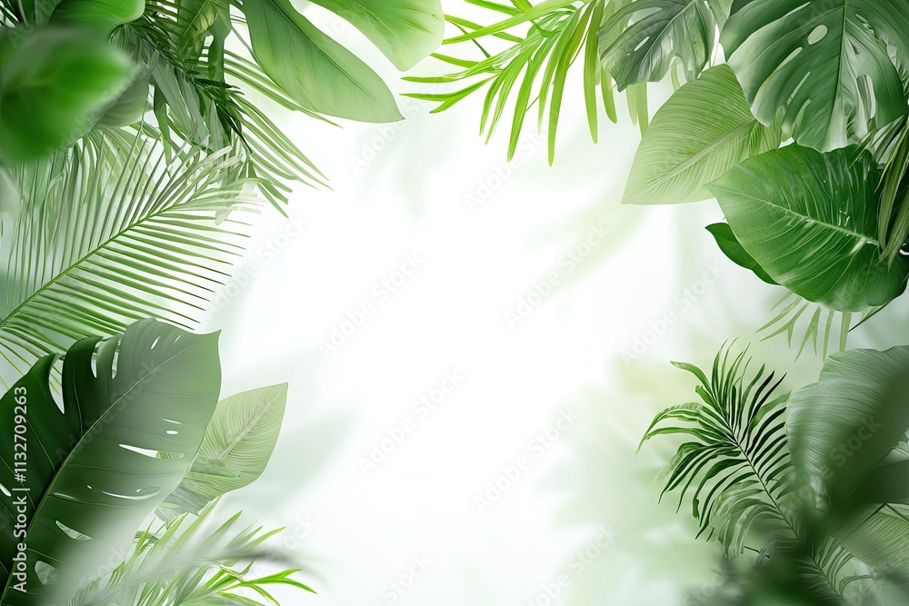 Poster lush green leaves background with white frame for fresh and natural design elements in various creat
