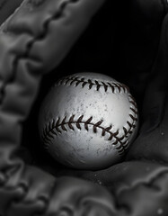 Close up of old vintage baseball in used worn leather glove, black and white sports banner, hyperrealism