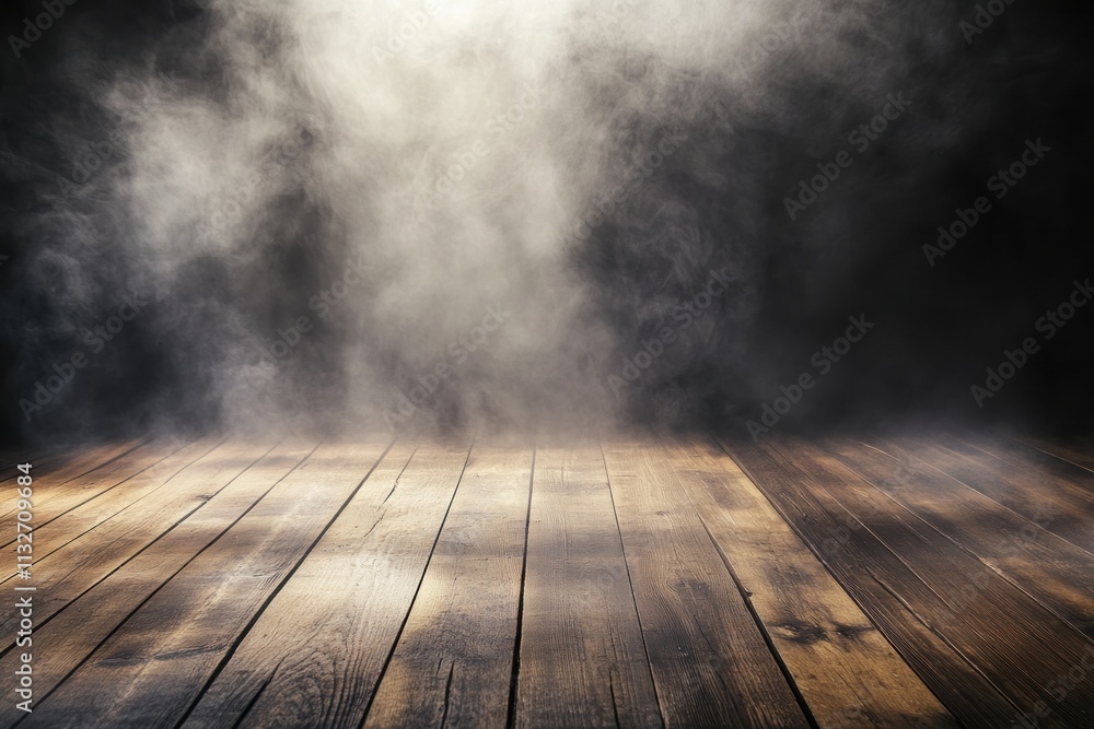 Poster foggy atmosphere over wooden floor with dramatic lighting creating an enigmatic and mysterious mood 