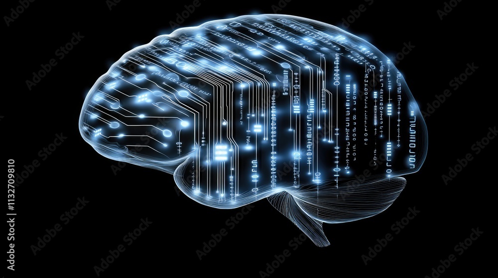 Poster illustration showcases a glowing brain constructed from digital connections, set on a dark blue back