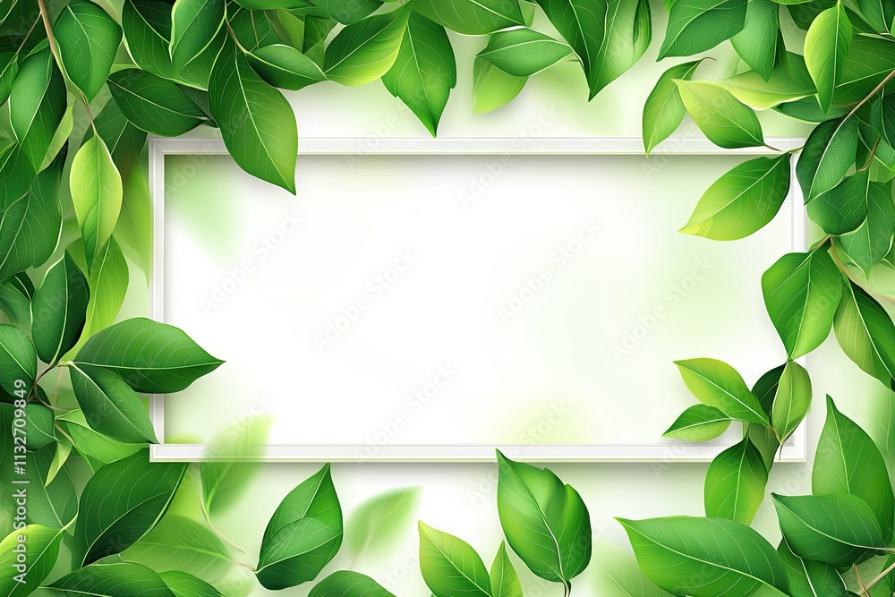Poster lush green leaves background with white frame for fresh and natural design elements in various creat