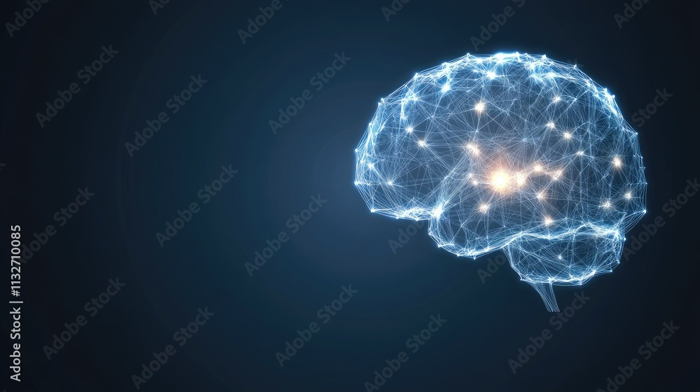 Poster illustration showcases a glowing brain constructed from digital connections, set on a dark blue back