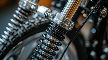 Fototapeta premium Close-up of motorcycle front suspension, showcasing chrome fork and black shock absorber.