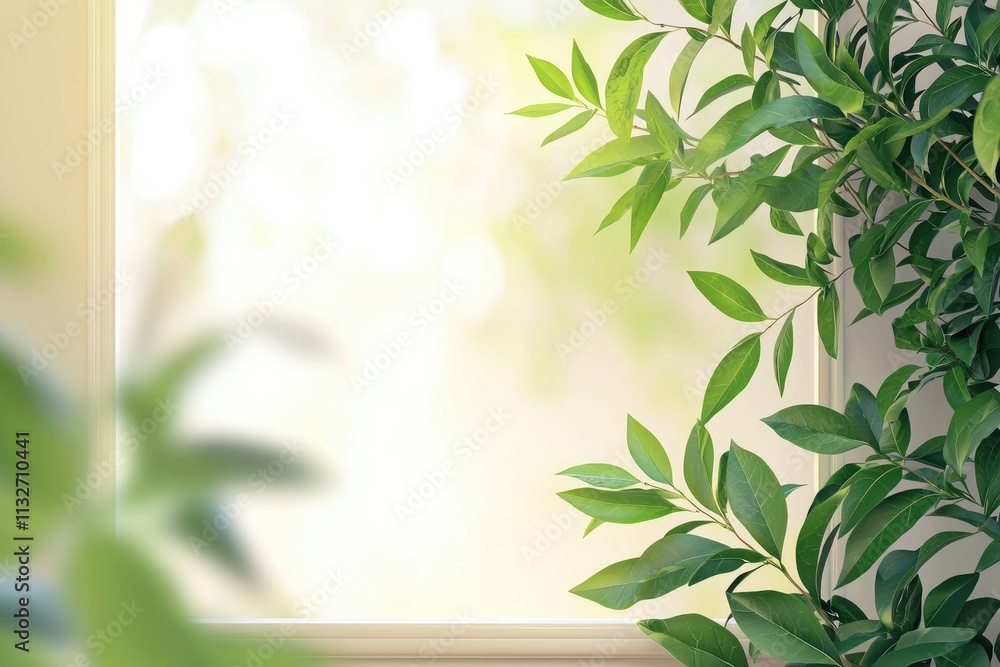 Poster lush green leaves background with white frame for fresh and natural design elements in various creat