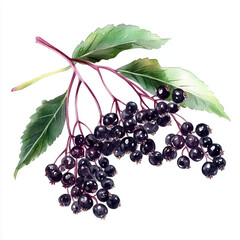 Watercolor illustration of elderberry branch with dark berries and leaves