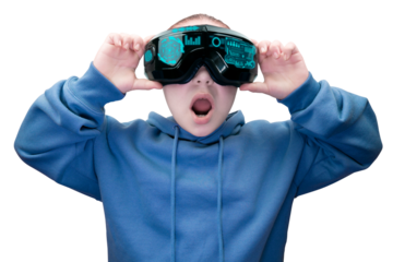 Surprised girl with virtual reality headset with HUD interface in blue hoodie on transparent background. Virtual reality glasses. Cyberspace, entertainment, online leisure concept