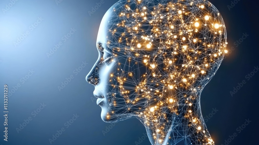 Poster illustration showcases a glowing brain constructed from digital connections, set on a dark blue back