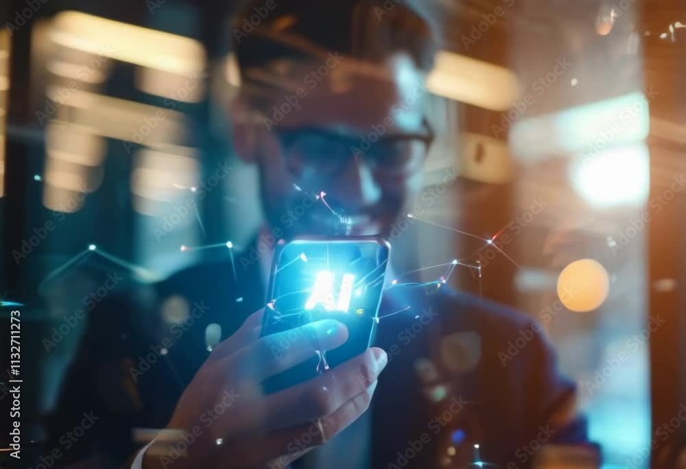 Poster businessman is displaying an augmented reality ai interface on a smartphone