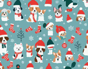Christmas and Dogs patterns collection. Vector illustration of three flat seamless patterns with cute cartoon puppies in winter hats and scarfs, Christmas socks, balls, and other decor