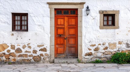 Fototapeta premium Rustic Orange Doorway on Whitewashed Stone Wall