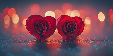 Close up of two heart shaped red roses on textured surface, surrounded by soft bokeh lights, creating romantic atmosphere perfect for expressing love and affection