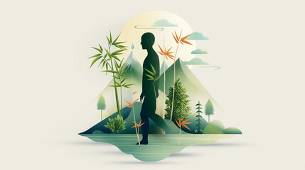 A human figure is depicted with elements of bamboo, mountains, and water, symbolizing mental resilience and healing in a tranquil and natural environment