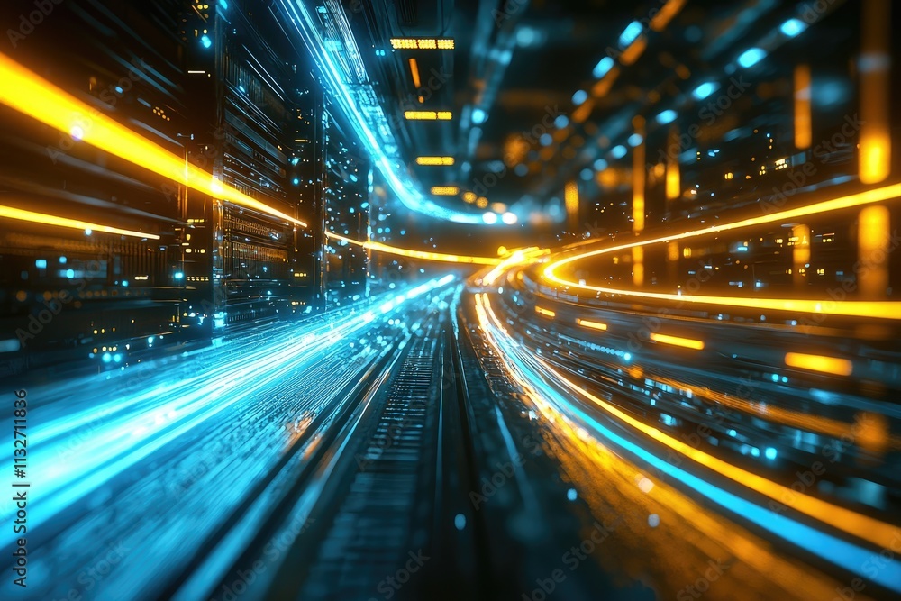 Poster futuristic data center with blue and yellow light trails representing high-speed data transmission i