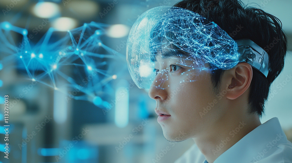 Poster innovative technology harnessing brain activity in a futuristic lab setting