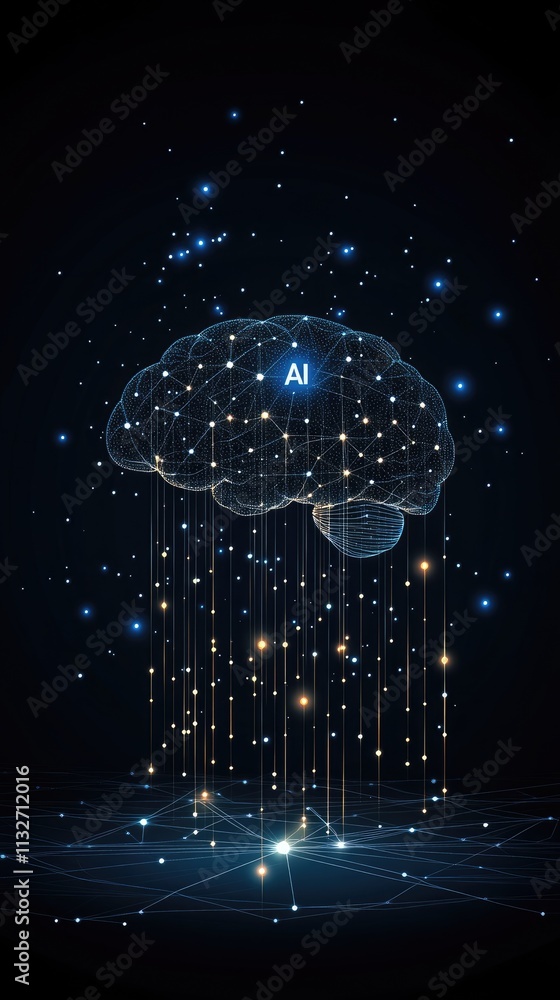 Aufkleber illustration showcases a glowing brain constructed from digital connections, set on a dark blue back