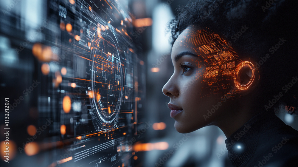 Poster individual interacting with futuristic digital display in a tech environment