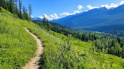 Fototapeta premium Scenic Mountain Trail Surrounded by Lush Greenery and Blue Sky