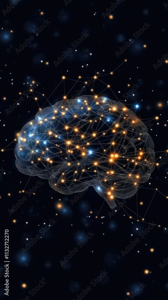 Poster illustration showcases a glowing brain constructed from digital connections, set on a dark blue back