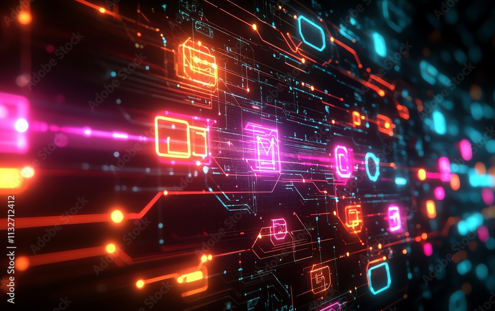 Poster futuristic data exchange network, glowing icons symbolizing analysis and secure data transfer, neon 