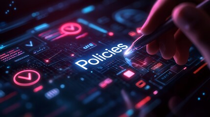 Digital graphic of Policies text on a transparent technology screen background