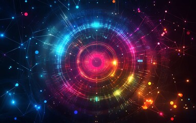 Naklejka premium Futuristic data transfer network with colorful neon lines, technology and cybersecurity symbols, encrypted data flowing through vibrant connections, sleek, digital aesthetic