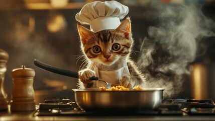 Funny kitten cat wearing chef apron uniform preparing delicious meal in a steaming pot on a stove in a modern kitchen