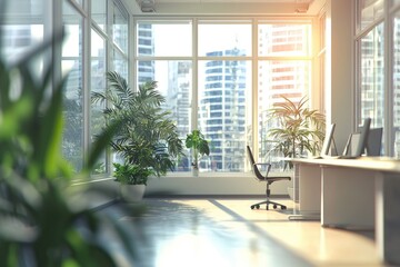 Fototapeta premium Modern Office Interior with Large Windows, Sleek Desks, Office Chairs, and Indoor Plants Creating a Bright and Inviting Workspace for Productivity