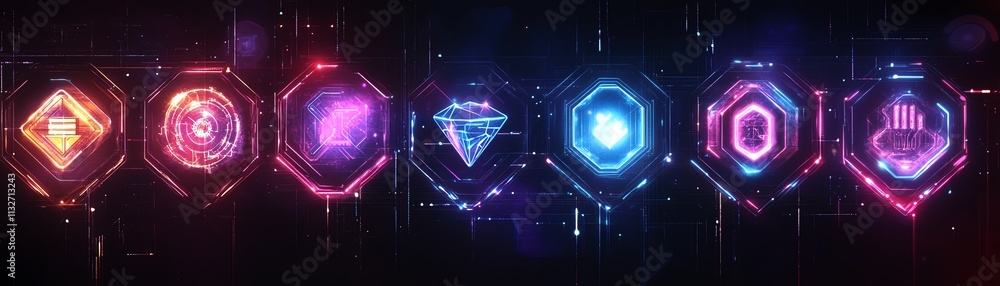 Poster futuristic digital network with vibrant icons representing data exchange, analysis, and secure conne