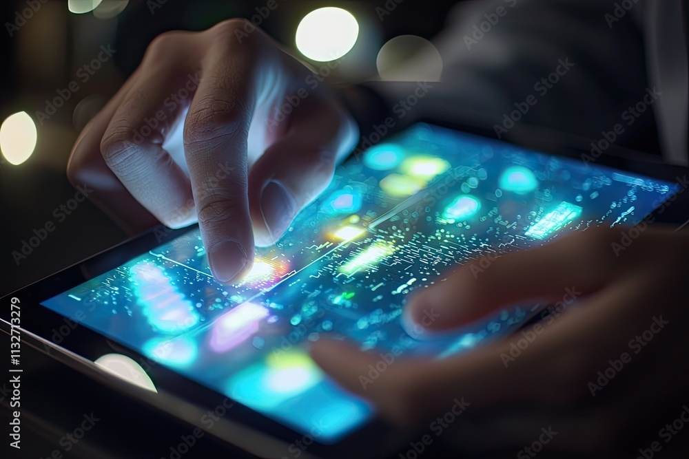 Poster medical professional using digital tablet to access health data with innovative technology interface