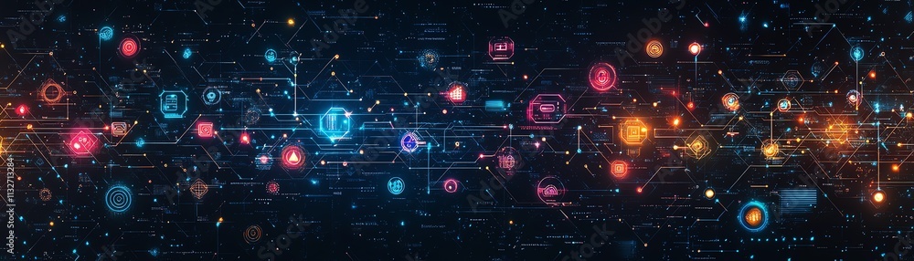 Poster futuristic digital network with vibrant icons representing data exchange, analysis, and secure conne