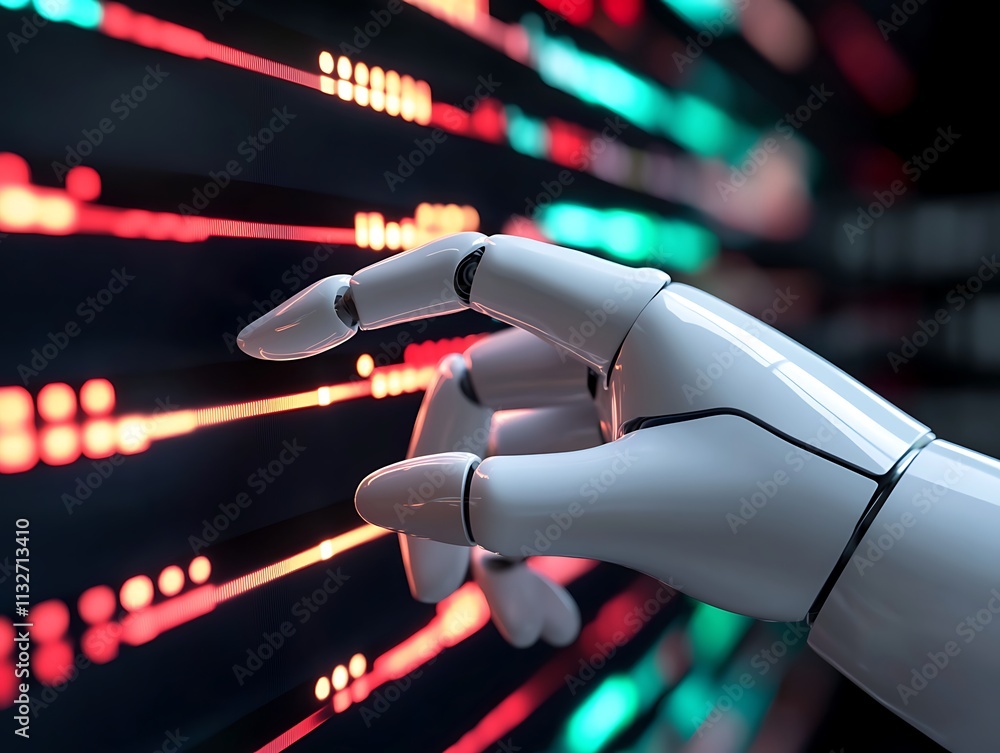 Poster robotic hand interacting with digital data streams.