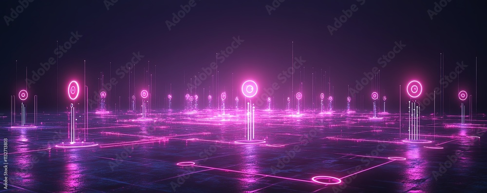 Aufkleber futuristic network connections with glowing neon icons representing data exchange and analysis