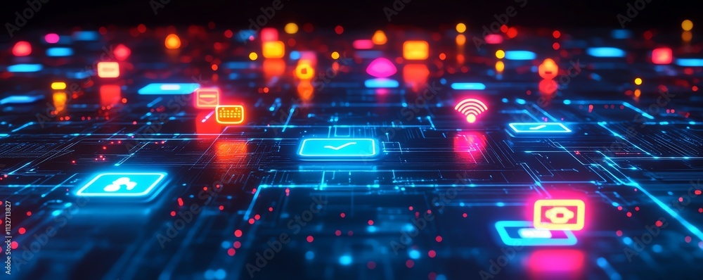 Poster futuristic network connections with glowing neon icons representing data exchange and analysis