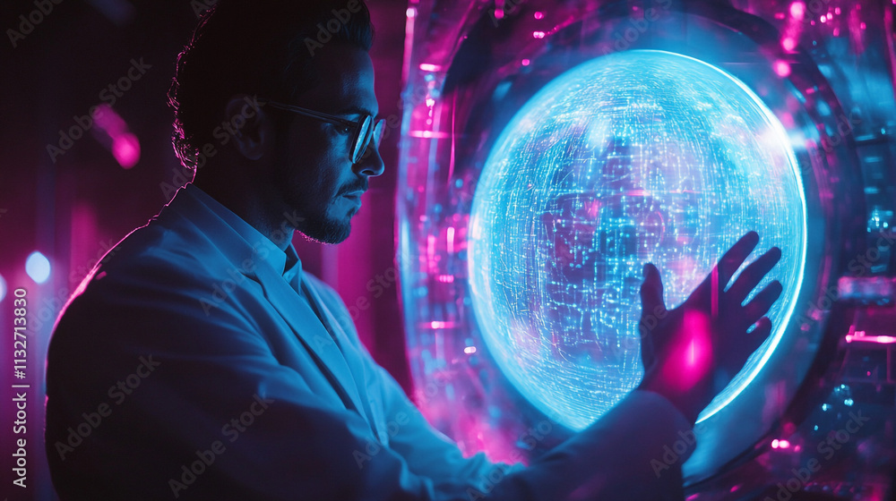 Poster scientist interacts with a glowing holographic sphere in a futuristic lab setting
