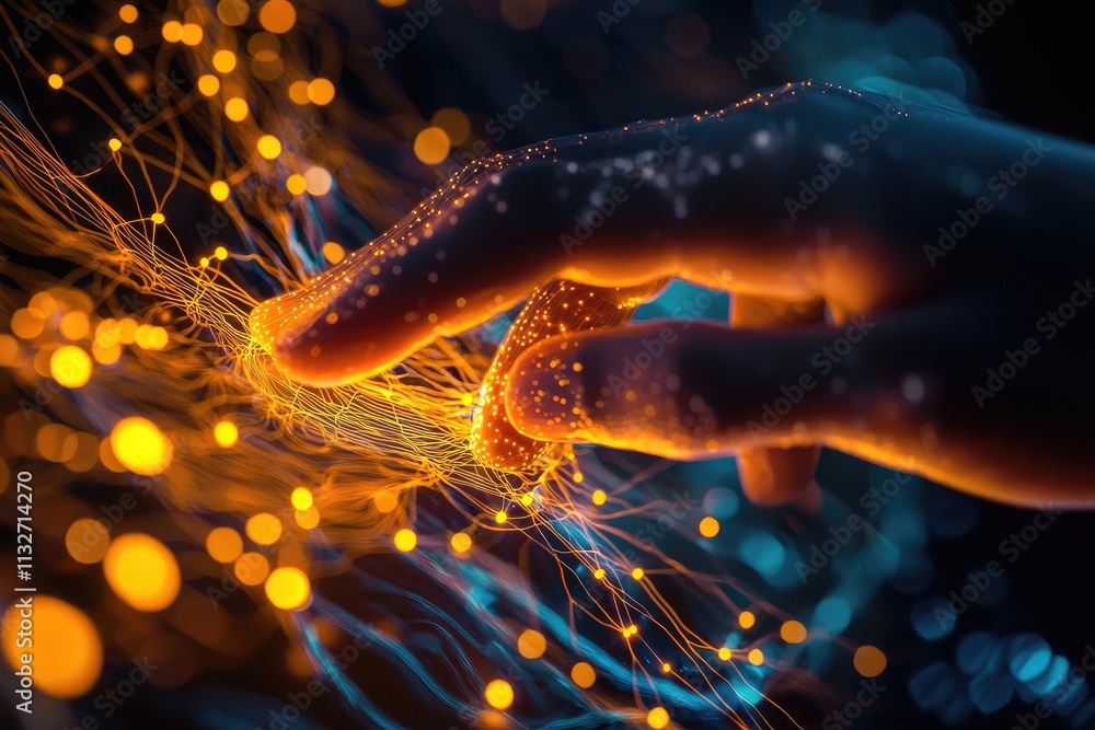 Poster human finger touching digital network connection with glowing nodes and lines representing technolog