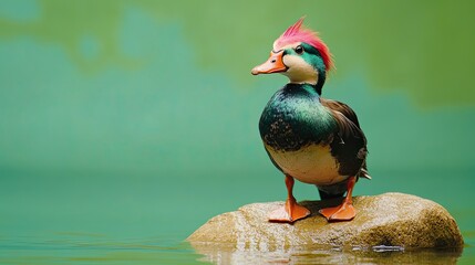 Colorful mandarin duck perched on rock.
