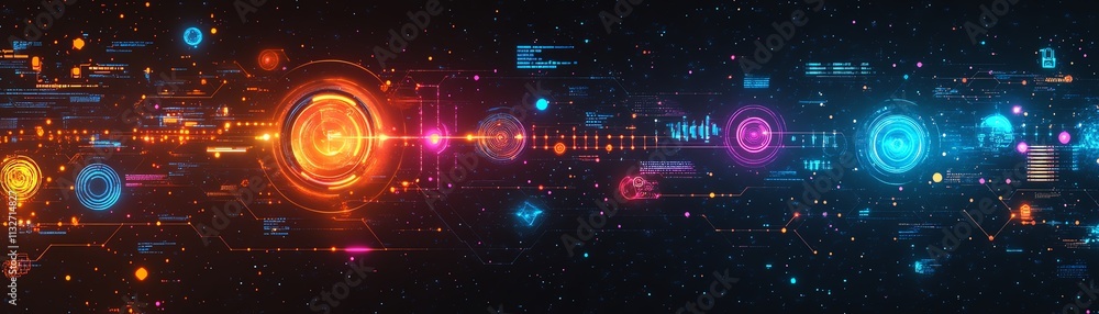 Poster hightech futuristic network with digital icons representing data analysis and exchange, glowing neon