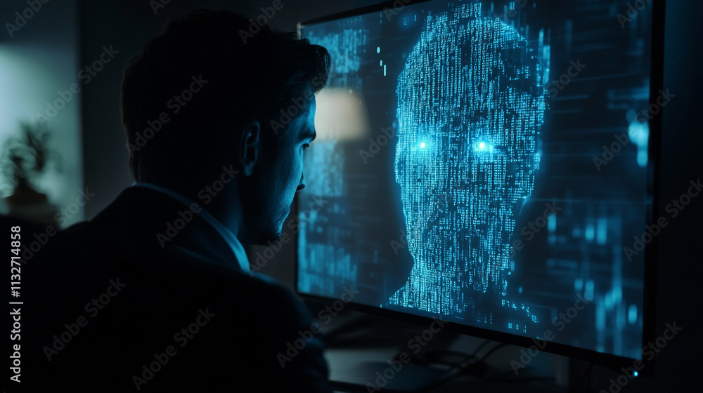 Poster man in business attire analyzes digital data of artificial intelligence in dark environment