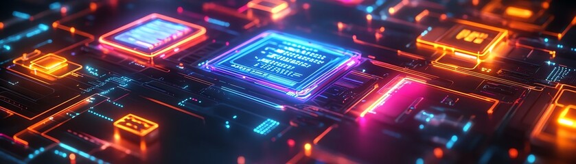 Obraz premium Hightech futuristic network with digital icons representing data analysis and exchange, glowing neon connections, vibrant color palette, secure data flow, modern tech interface